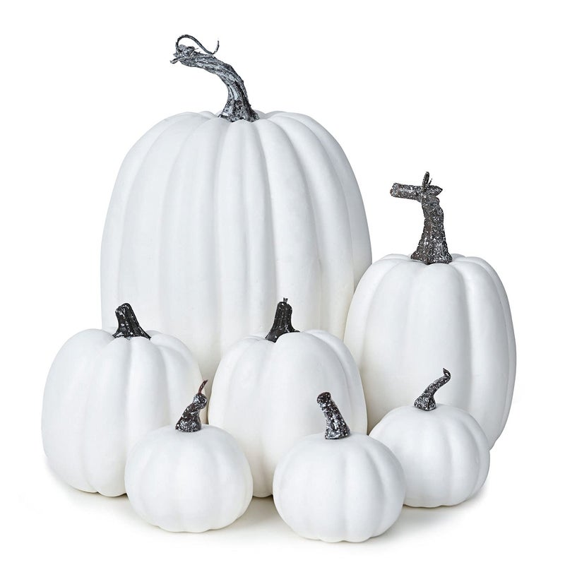 Lvydec Lvydec Artificial Pumpkins Set Harvest Decoration  7pc Assorted Size White Pumpkins Craft Pumpkins for Halloween Thanksgiving Autumn Festive Party Supplies (White)  - Image 1