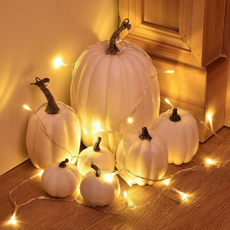 Lvydec Lvydec Artificial Pumpkins Set Harvest Decoration  7pc Assorted Size White Pumpkins Craft Pumpkins for Halloween Thanksgiving Autumn Festive Party Supplies (White)  - Image 5