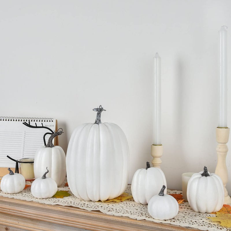 Lvydec Lvydec Artificial Pumpkins Set Harvest Decoration  7pc Assorted Size White Pumpkins Craft Pumpkins for Halloween Thanksgiving Autumn Festive Party Supplies (White)  - Image 2
