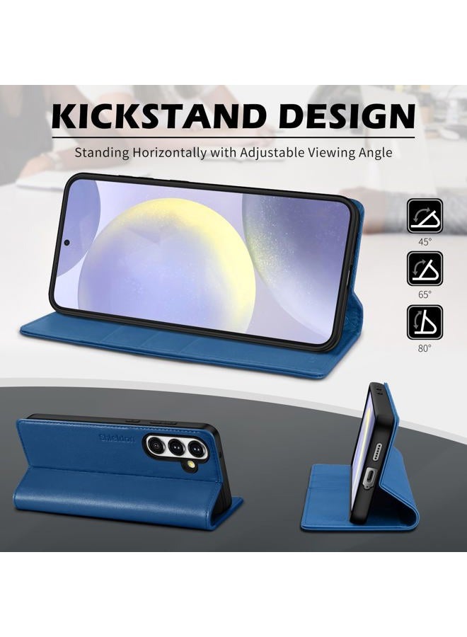 SHIELDON Case for Galaxy S25+ Plus 5G, Genuine Leather Wallet Case [Card Holder][Viewing Stand][RFID Blocking] Shockproof Magnetic Flip Book Cover Compatible with Galaxy S25 Plus 6.7" - Royal Blue - Image 5