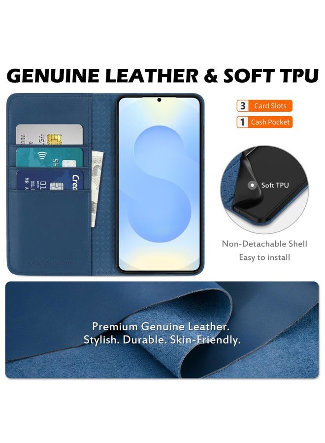 SHIELDON Case for Galaxy S25+ Plus 5G, Genuine Leather Wallet Case [Card Holder][Viewing Stand][RFID Blocking] Shockproof Magnetic Flip Book Cover Compatible with Galaxy S25 Plus 6.7" - Royal Blue - Image 3