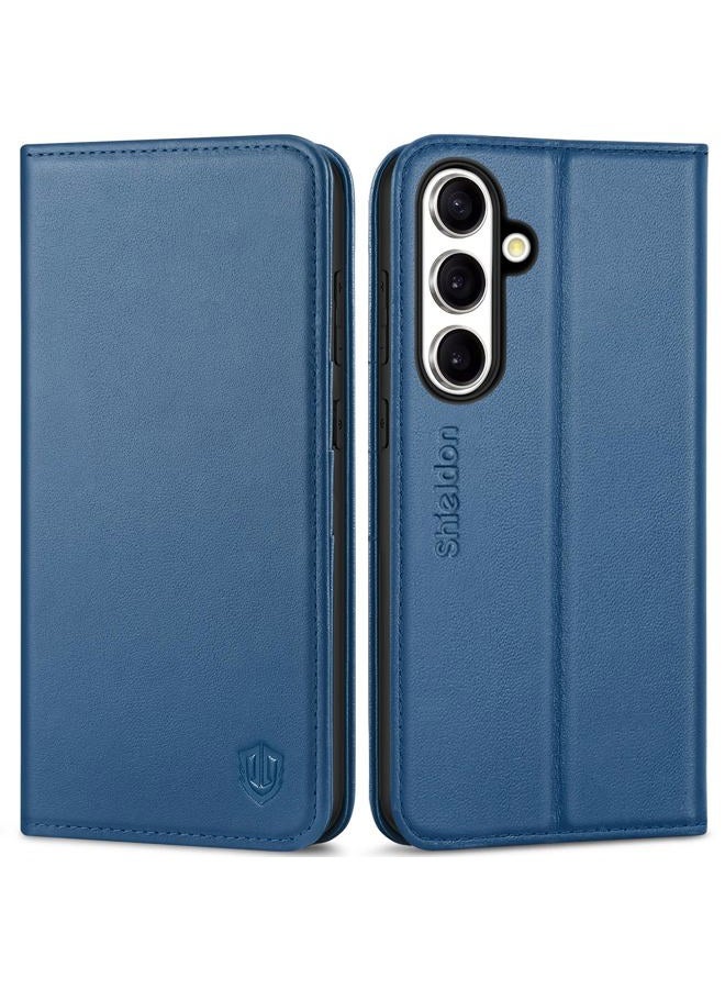 SHIELDON Case for Galaxy S25+ Plus 5G, Genuine Leather Wallet Case [Card Holder][Viewing Stand][RFID Blocking] Shockproof Magnetic Flip Book Cover Compatible with Galaxy S25 Plus 6.7" - Royal Blue - Image 1