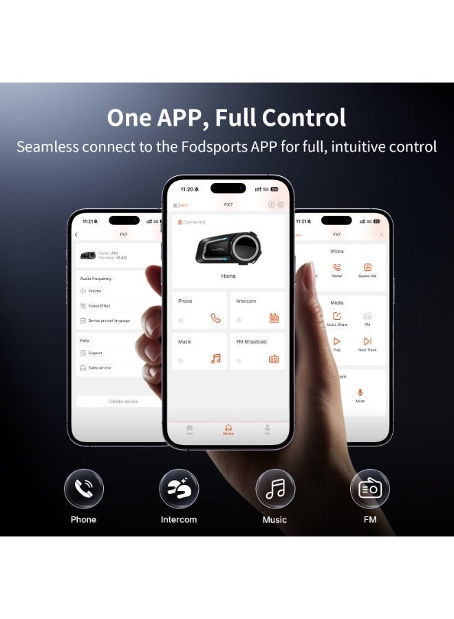 fodsports FX7 10-Rider Mesh Motorcycle Bluetooth Headset with Music Share, Smart APP Control, Dual Chips V5.4 Helmet Communication System with Audio Multitasking & FM, 3 Intercom & EQ Music Modes - Image 2