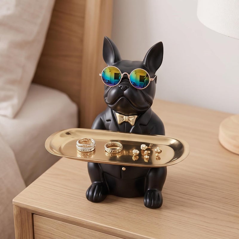 Suruim Resin Bulldog Statue Storage Key Holder Candy Jewelry Earrings Piggy Bank Suitable for Home Decor Modern Animal Sculpture Table Decor (Black) - Image 3