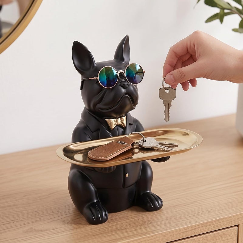 Suruim Resin Bulldog Statue Storage Key Holder Candy Jewelry Earrings Piggy Bank Suitable for Home Decor Modern Animal Sculpture Table Decor (Black) - Image 5