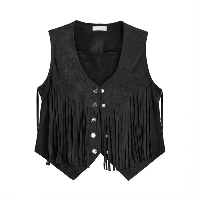 Upgraded Womens Fringe Vest No Fray Snug Button Smooth Wear S Black Spring - Image 1
