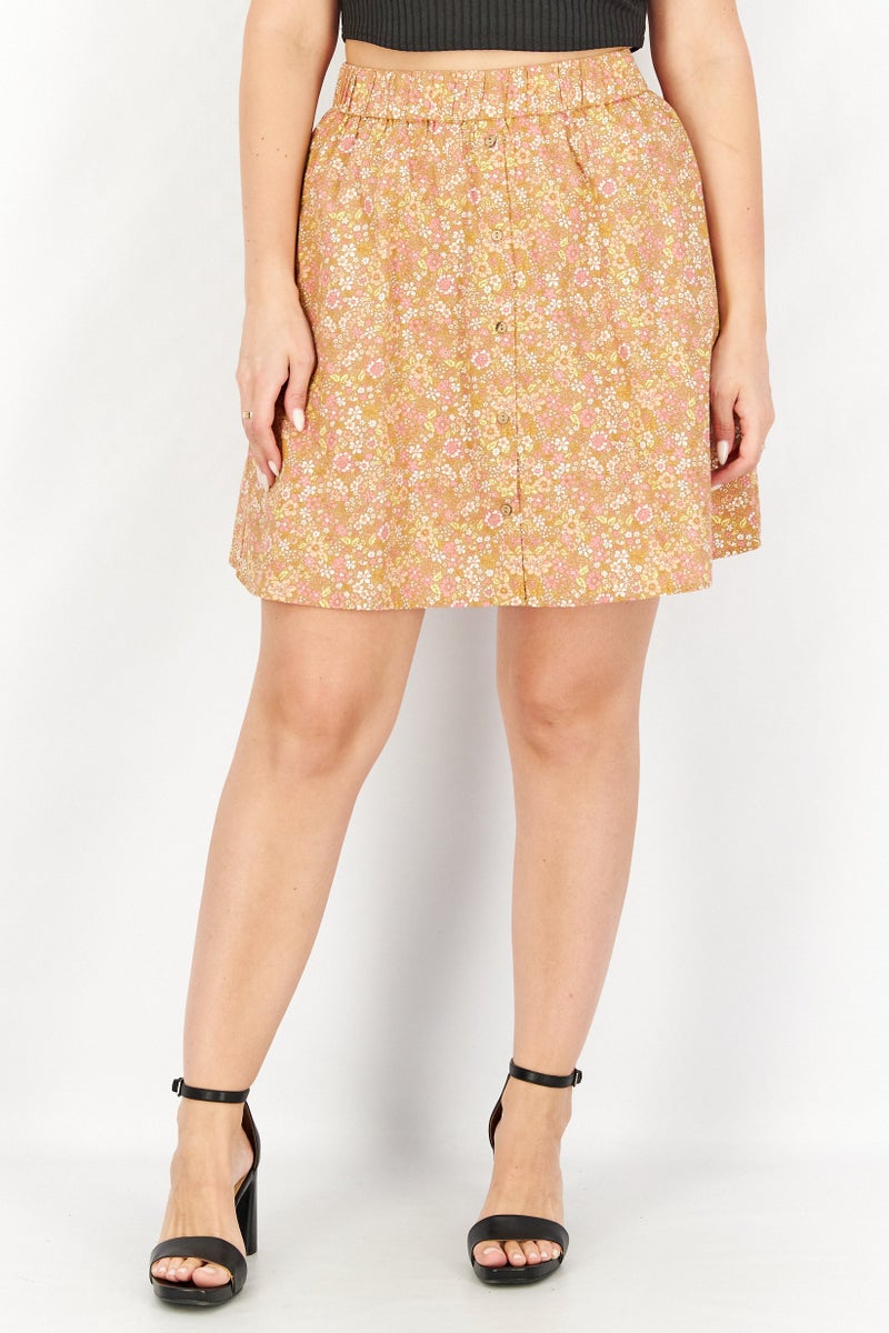 YAS Women Allover Print Floral Mini Skirt, Tan Combo - Image 1