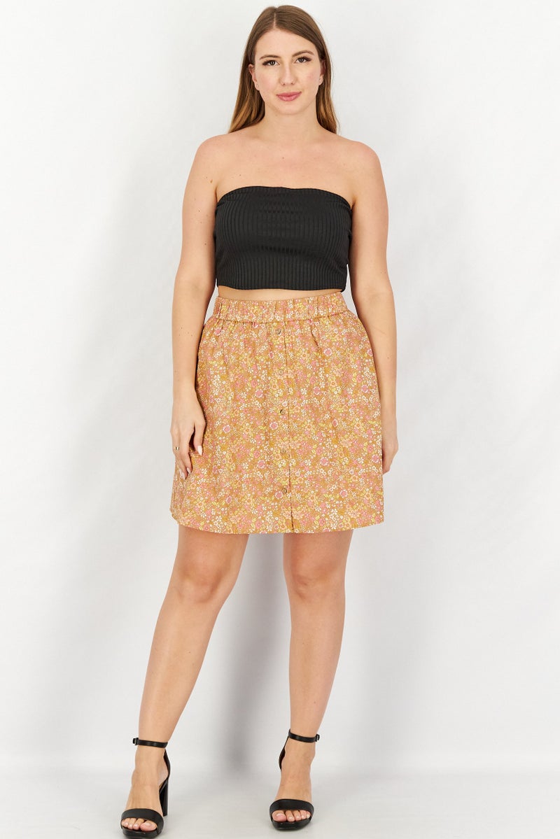 YAS Women Allover Print Floral Mini Skirt, Tan Combo - Image 3