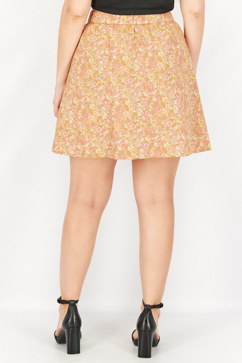 YAS Women Allover Print Floral Mini Skirt, Tan Combo - Image 2