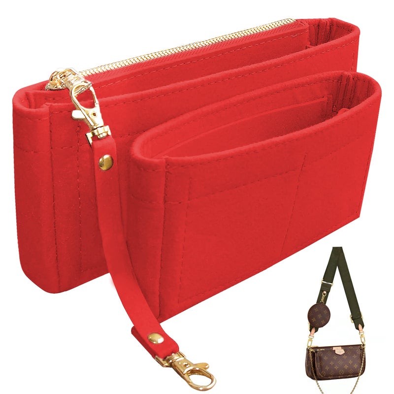 Soyizom Multi Pochette Accessories Handbag Organizer Insert for Women 2 Packs Purse Organizer Insert Fits for Pochette Tote Bag Organizer with Key Chains and Zipper Red - Image 2