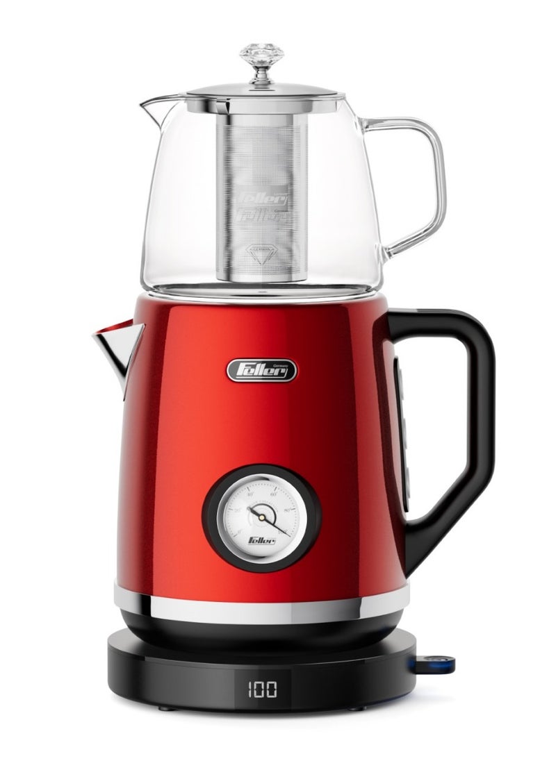 Feller - Feller Germany, Retro Style 1.7L 2-in-1 Stainless Steel Tea Maker+Kettle, 2200W, 85/95/100°C Adjustable Touch-Sensitive Temp Setting,LED Display, TS290, (Red) - Image 1