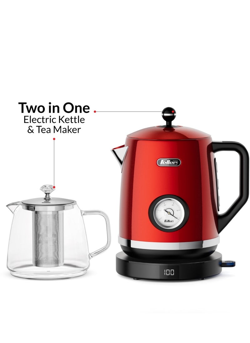 Feller - Feller Germany, Retro Style 1.7L 2-in-1 Stainless Steel Tea Maker+Kettle, 2200W, 85/95/100°C Adjustable Touch-Sensitive Temp Setting,LED Display, TS290, (Red) - Image 1