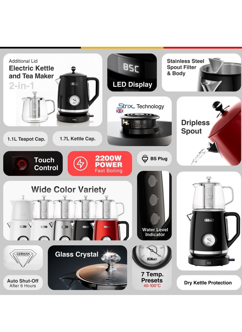 Feller - Feller Germany, Retro Style 1.7L 2-in-1 Stainless Steel Tea Maker+Kettle, 2200W, 85/95/100°C Adjustable Touch-Sensitive Temp Setting,LED Display, TS290, (Red) - Image 1