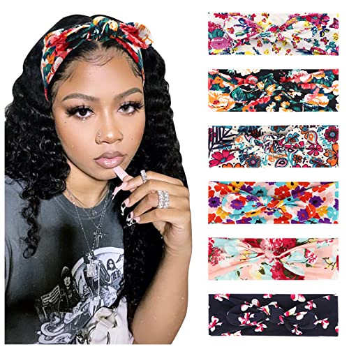 DRESHOW Boho Bow Headbands for Women Vintage Flower Printed Yoga Hairband Elastic Rabbit Ear Head Wrap 6 Pack - Image 1