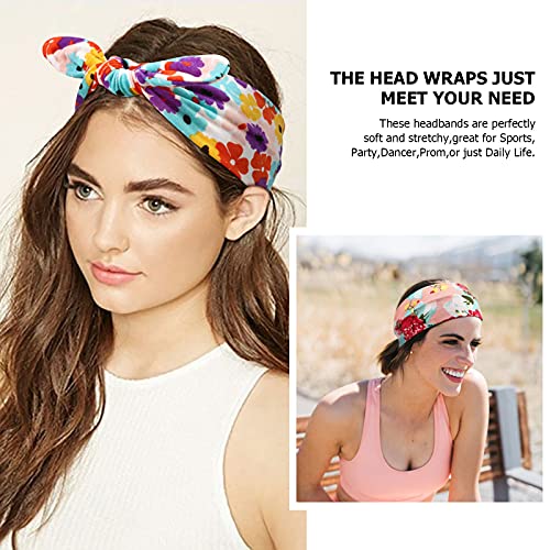 DRESHOW Boho Bow Headbands for Women Vintage Flower Printed Yoga Hairband Elastic Rabbit Ear Head Wrap 6 Pack - Image 3