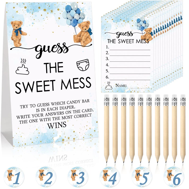 67 Pcs Guess The Sweet Mess Dirty Diaper Baby Shower Game Includes Guess The Sweet Mess Sign 50 Small Cards 10 Pencils and 6 Number Stickers for Baby Shower Game Gender Reveal PartyBear