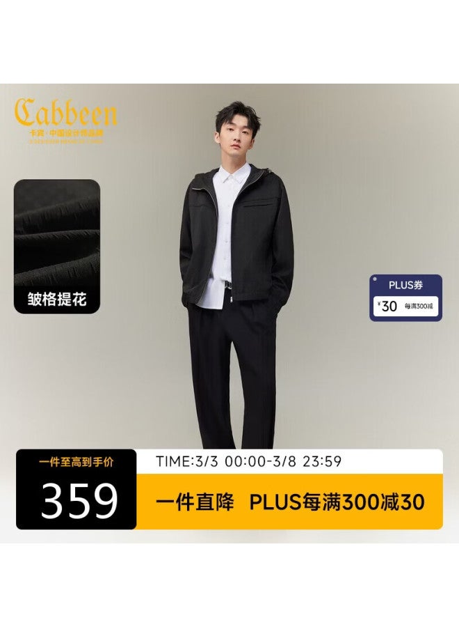 Cabbeen Wrinkled Jacquard Synthetic Fiber Casual Men's Jacquard Small Checkered Outdoor Autumn Hooded Jacket