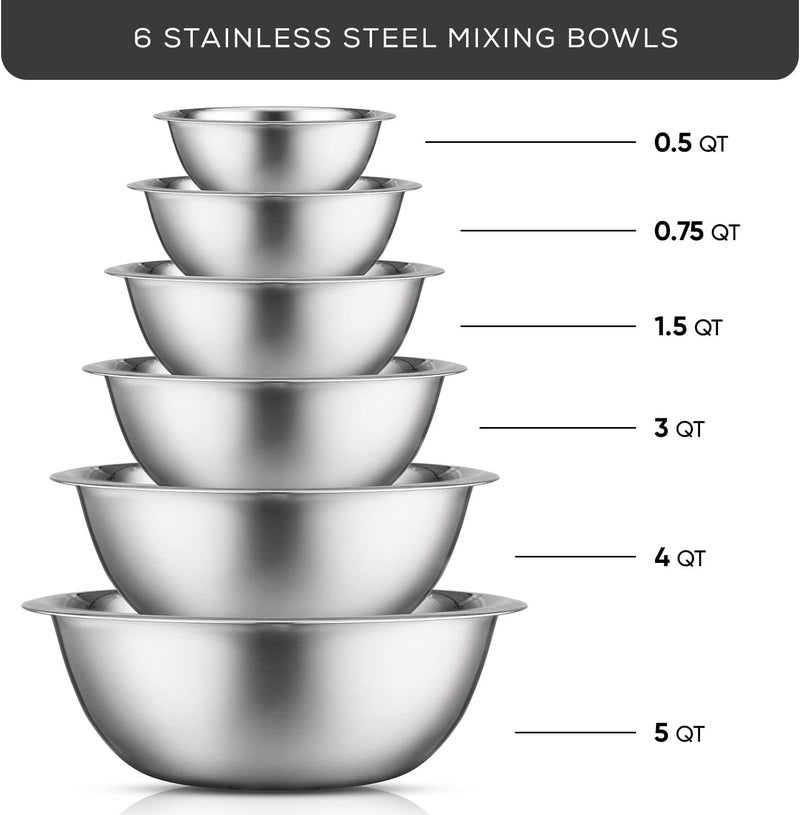 JoyJolt Stainless Steel Mixing Bowl Set - 6 Piece Nesting Bowls, 5qt to 0.5qt, Ideal for Kitchen, Cooking, Baking and Storage - Image 2