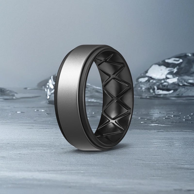 Egnaro Silicone Rings for Men 1/4/5/6/7 Multipack of Breathable Mens Silicone Rubber Wedding Rings Bands - Step Edge - Image 3