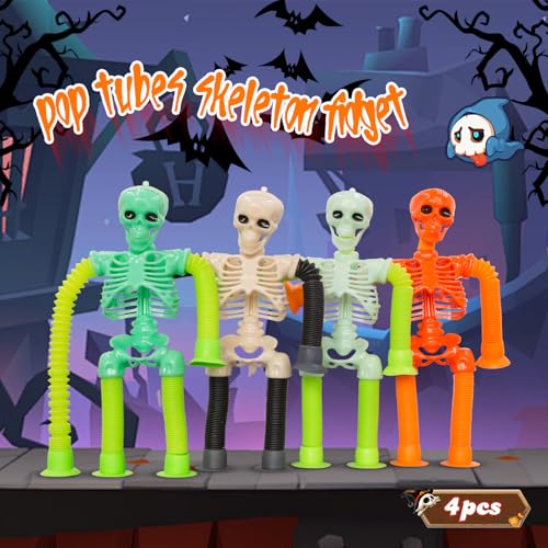 DODOMAGXANADU Pop Tubes Skeleton Fidget Toys for Kids 4Pack Fidget Pop Toys Telescopic Suction Cup Toy for Stress and Anxiety Relief Easter Basket Stuffers Gifts for Kids Toddlers 4Pack Skull - Image 5