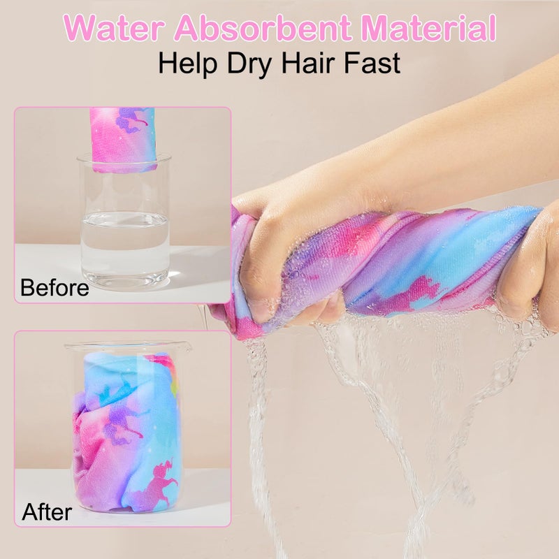 Basumee Microfiber Hair Towel Wrap for Kids 2 Pack Rapid Drying Hair Towel with Button Hair Turbans for Wet Hair Wraps Head Towel Wrap for Women and Girls, Colorful Unicorn - Image 2