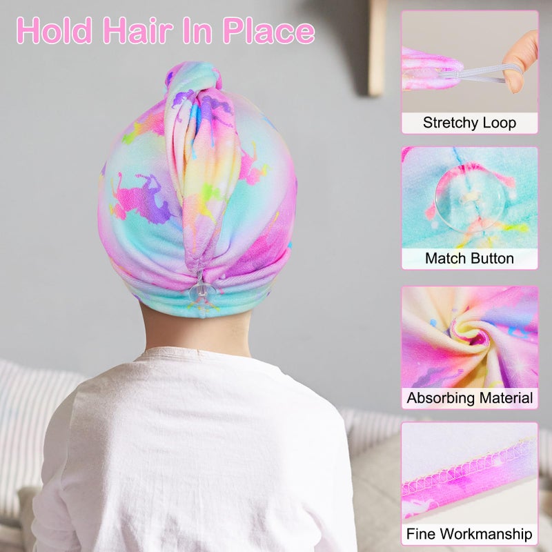 Basumee Microfiber Hair Towel Wrap for Kids 2 Pack Rapid Drying Hair Towel with Button Hair Turbans for Wet Hair Wraps Head Towel Wrap for Women and Girls, Colorful Unicorn - Image 4
