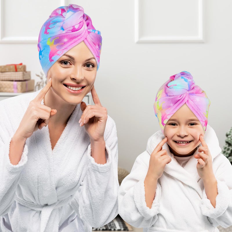 Basumee Microfiber Hair Towel Wrap for Kids 2 Pack Rapid Drying Hair Towel with Button Hair Turbans for Wet Hair Wraps Head Towel Wrap for Women and Girls, Colorful Unicorn - Image 3