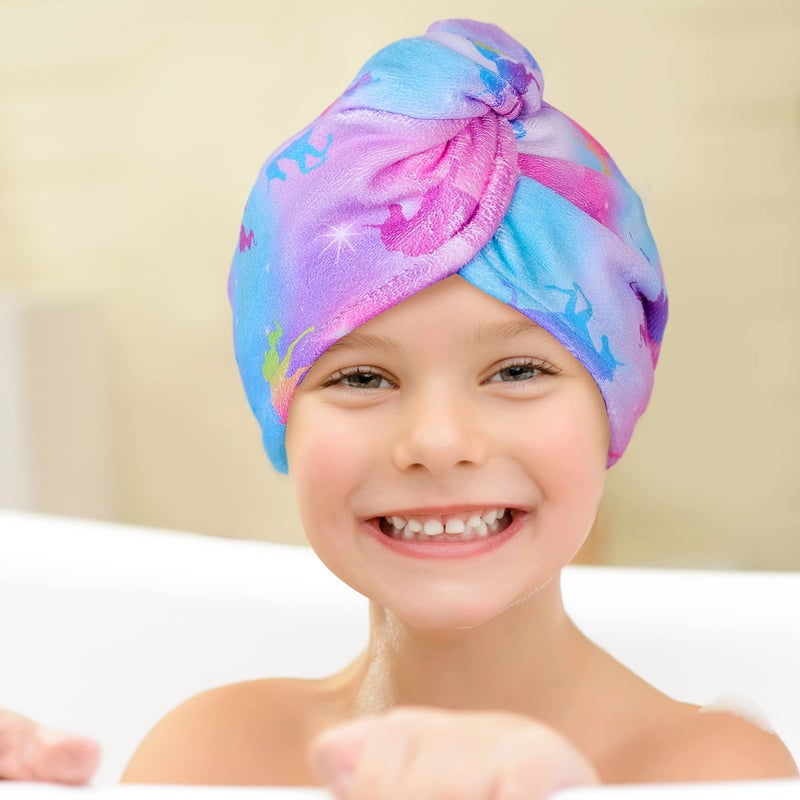 Basumee Microfiber Hair Towel Wrap for Kids 2 Pack Rapid Drying Hair Towel with Button Hair Turbans for Wet Hair Wraps Head Towel Wrap for Women and Girls, Colorful Unicorn - Image 5
