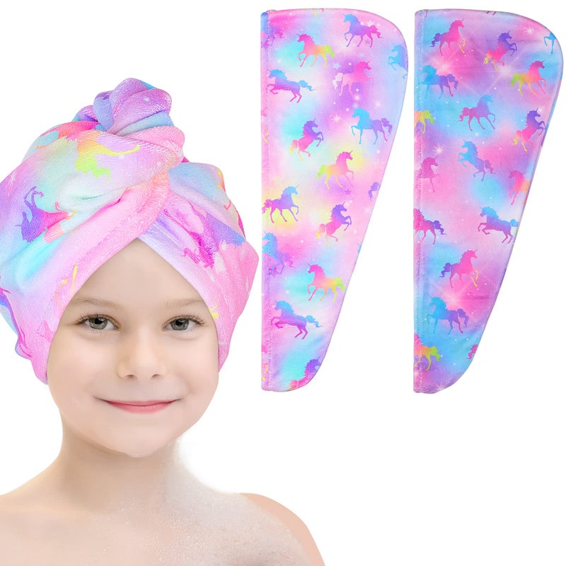 Basumee Microfiber Hair Towel Wrap for Kids 2 Pack Rapid Drying Hair Towel with Button Hair Turbans for Wet Hair Wraps Head Towel Wrap for Women and Girls, Colorful Unicorn - Image 1
