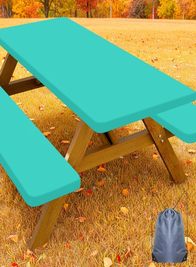 Smiry Picnic Table Cover with Bench Covers, Waterproof Elastic Fitted Polyester Tablecloths for 6 Ft Rectangle Tables, Washable Windproof Tablecloth for Camping, RV & Outdoor (Teal, 30x72 Inches) - Image 1
