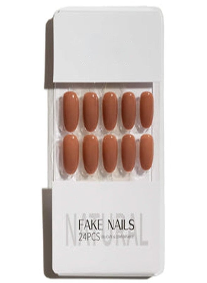 BANIRA Artifical Fake Nails With Buffer & Glue, Natural False Nails Delicate & Comfortable With Long Lasting And Waterproof For Women [Brown] (Pack Of 24) - Image 1