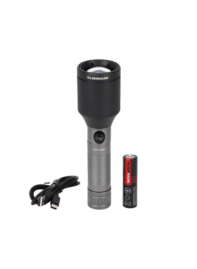 Olsenmark فلاشلايت أولسنمارك القابل لإعادة الشحن LED القابل للتكبير - OMFL2867/ مع هيكل من الألمنيوم غير القابل للتآكل، 15 واط LED ليزر أبيض/ بطارية طويلة العمر، 3 ساعات عمل، >2 ساعات شحن/ مثالي للتخييم، والمشي لمسافات طويلة، والتسلق، والدوريات الليلية، والإضاءة الطارئة، وأعمال الإصلاح، والاستخدام المنزلي، إلخ./ فضي - Image 3