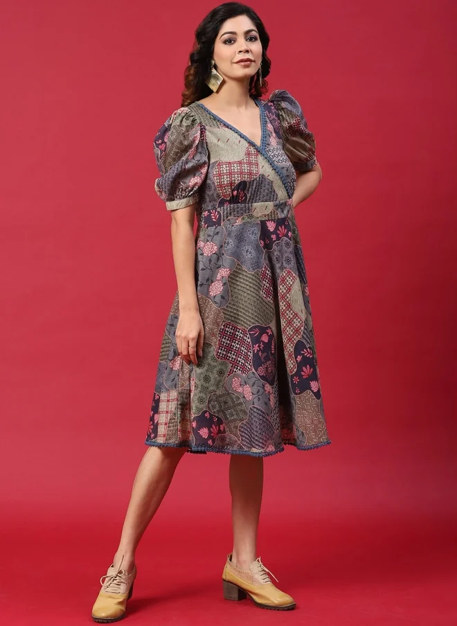 AKS Abstract Printed V-Neck Wrap Midi Dress for Women
