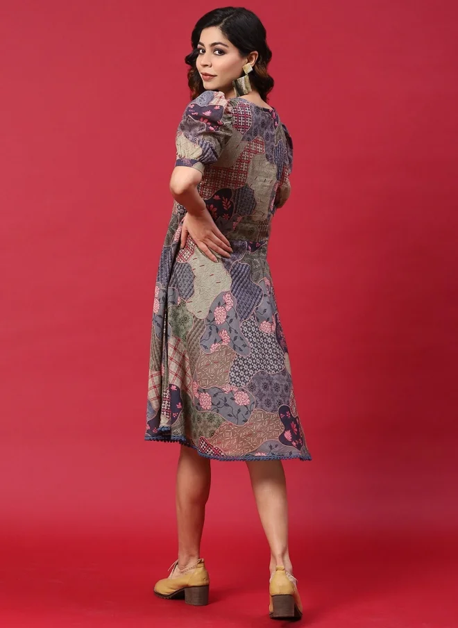 AKS Abstract Printed V-Neck Wrap Midi Dress for Women