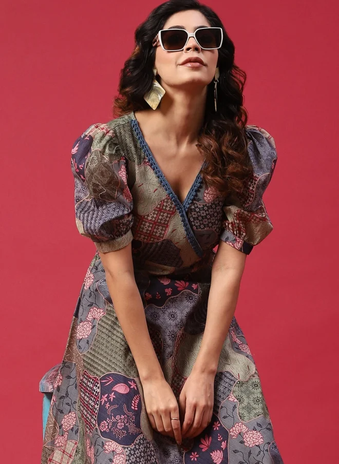 AKS Abstract Printed V-Neck Wrap Midi Dress for Women