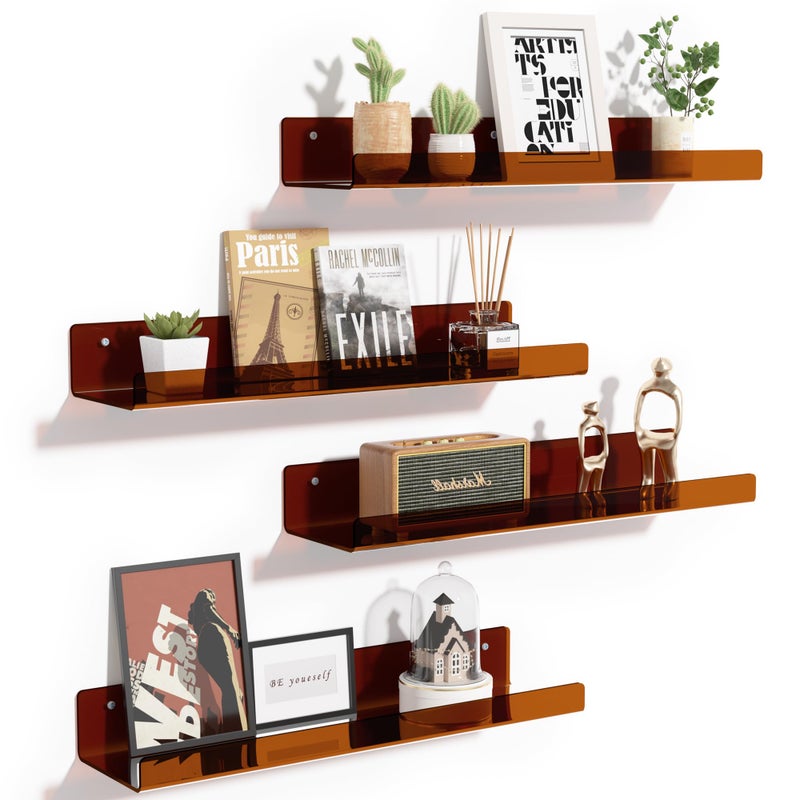 upsimples Acrylic Shelves for Wall Decor, 15" Display Shelf Perfume Organizer for Bathroom, Bedroom, Living Room, Floating Bookshelves for Kids, Clear Brown, 4 Pack - Image 2