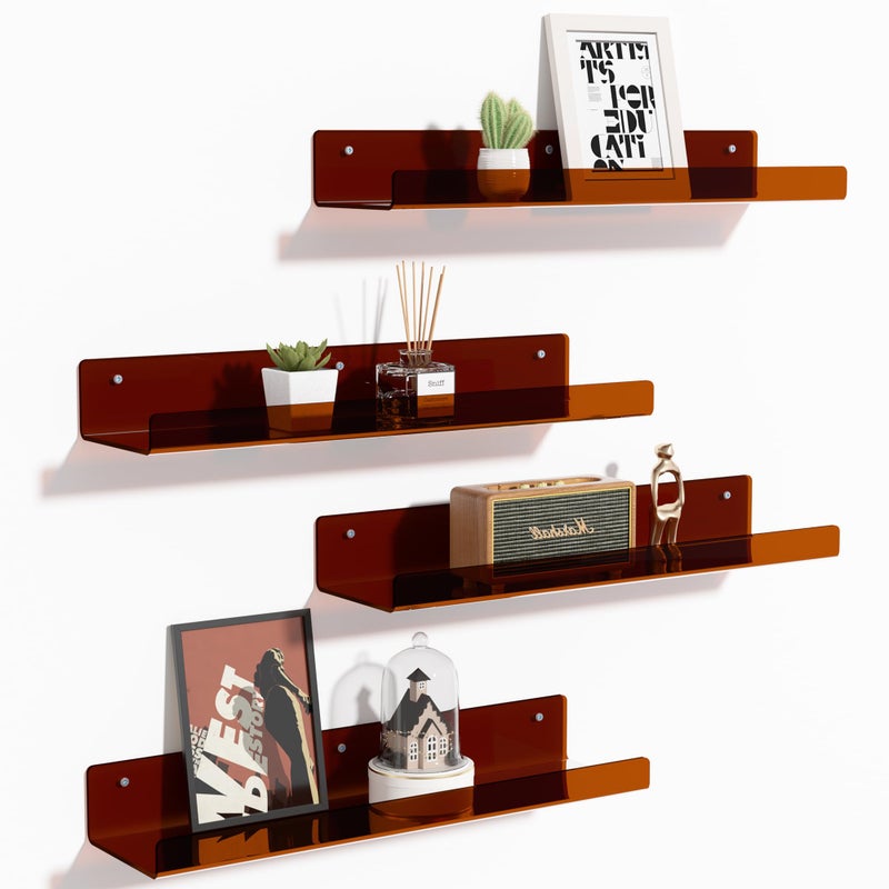 upsimples Acrylic Shelves for Wall Decor, 15" Display Shelf Perfume Organizer for Bathroom, Bedroom, Living Room, Floating Bookshelves for Kids, Clear Brown, 4 Pack - Image 1
