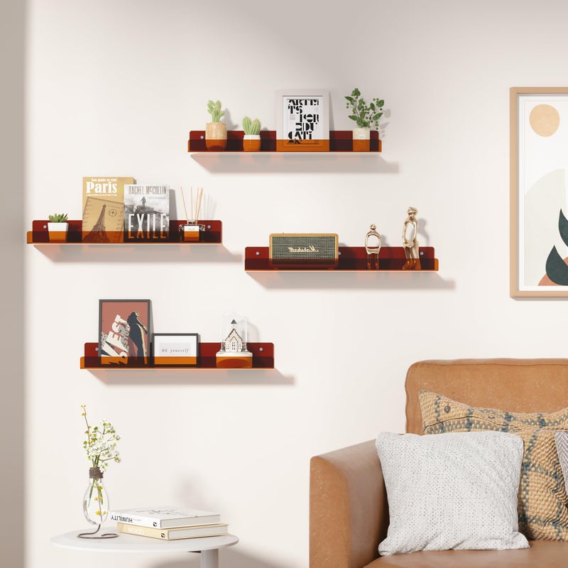 upsimples Acrylic Shelves for Wall Decor, 15" Display Shelf Perfume Organizer for Bathroom, Bedroom, Living Room, Floating Bookshelves for Kids, Clear Brown, 4 Pack - Image 3