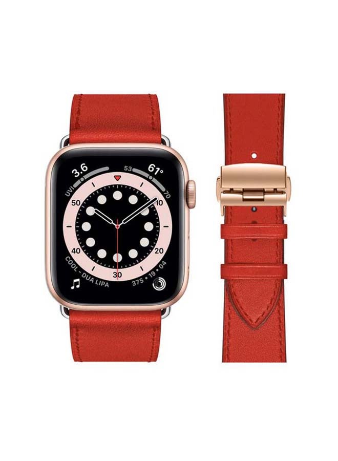 Perfii Genuine Leather Replacement Band with Golden Buckle for Apple Watch Series 6/SE/5/4/3/2/1 44/42mm Supreme Red - Image 2
