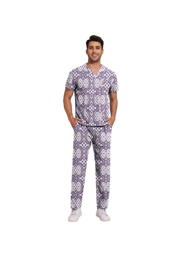 NIBEMINENT Scrub Set Men Casual Short-sleeved Pet Nurse Work Clothes Cartoon Print V-neck Dentist Work Uniform Practical Pocket - Image 1