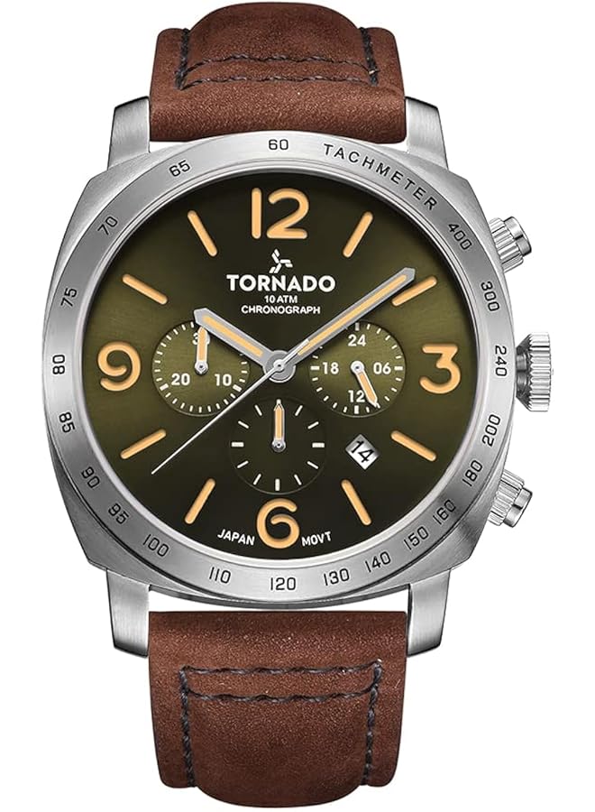 تورنيدو ساعة رجالية يابانية بحركة كوارتز وشاشة كرونوغراف وحزام من الجلد السويدي T9102 Sldh باللون البني
