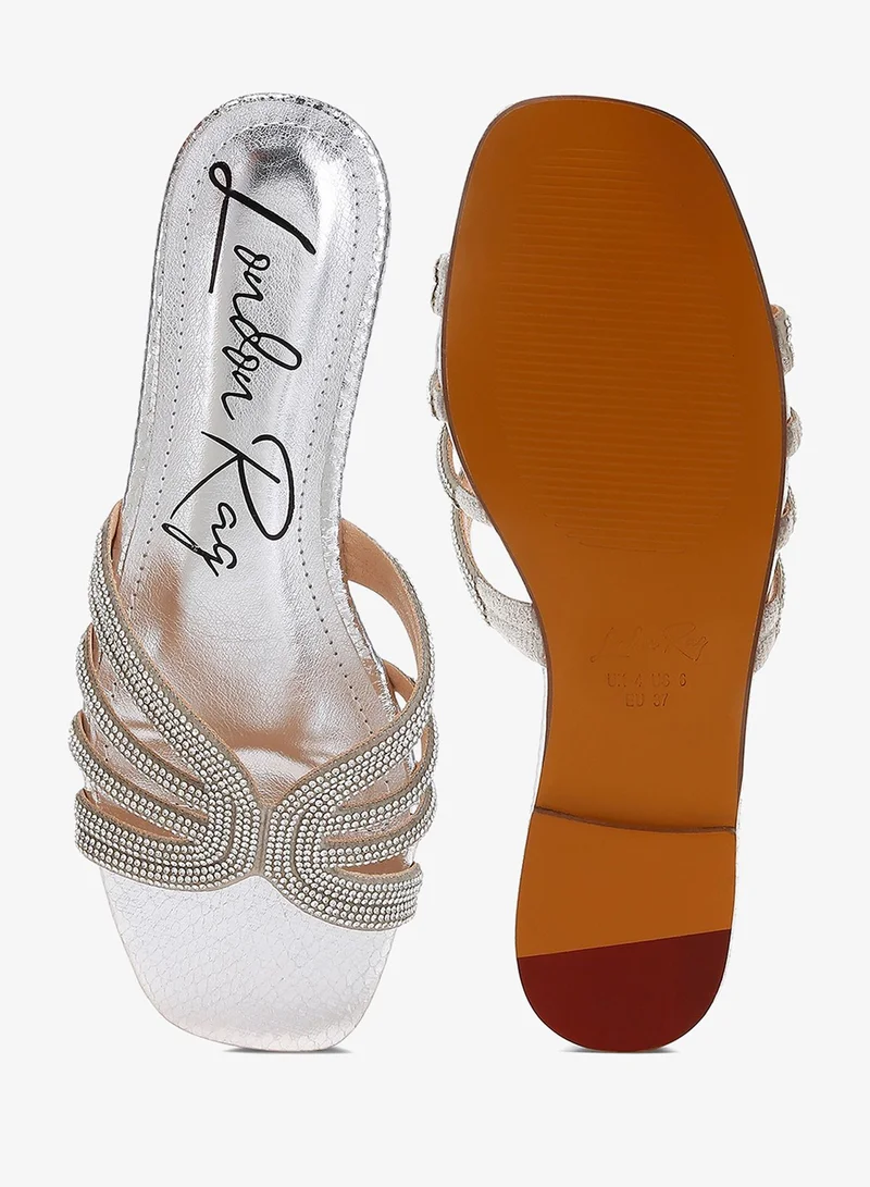 London Rag silver Silver Rhinestone Cut Out Flats for Women | Best Price UAE