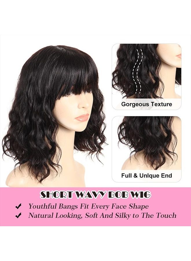 PANEWAY Short Human Hair Wigs with Bangs Brazilian Body Wave Virgin Human Hair Wigs for Black White Women Short Wavy Bob Wigs with Bangs 12 Inch - Image 2
