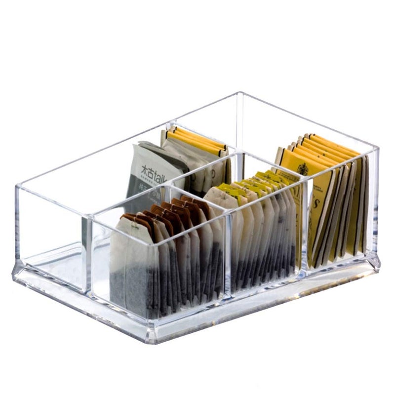 Yakri Acrylic Tea Bags Caddy Organizer Chest Box with 4 Divided Sections Holder for Coffee Bags Small Packets Sweeteners 195x144x85cm YTBH8326