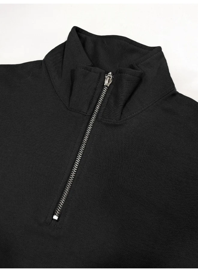 مانياك Mens Solid High Neck Full Sleeve Black Fleece Fleece Sweatshirt