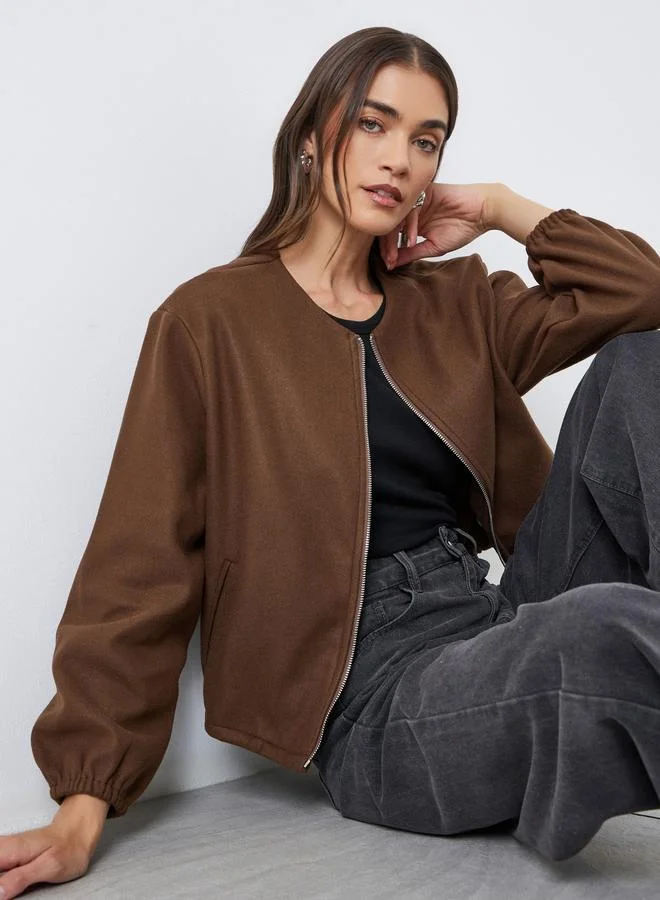Styli Women Brown Boxy Fit Bomber Jacket