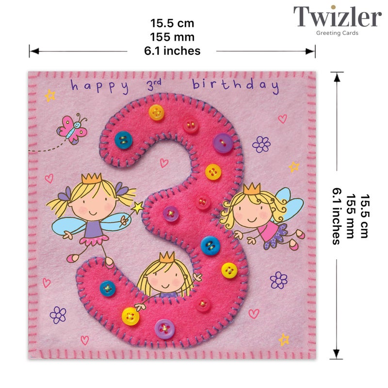Twizler بطاقة عيد ميلاد تويزلر الثالثة للبنات مع الجنيات - العمر 3 - بطاقة عيد ميلاد سعيدة - 6.1 × 6.1 بوصة - Image 3