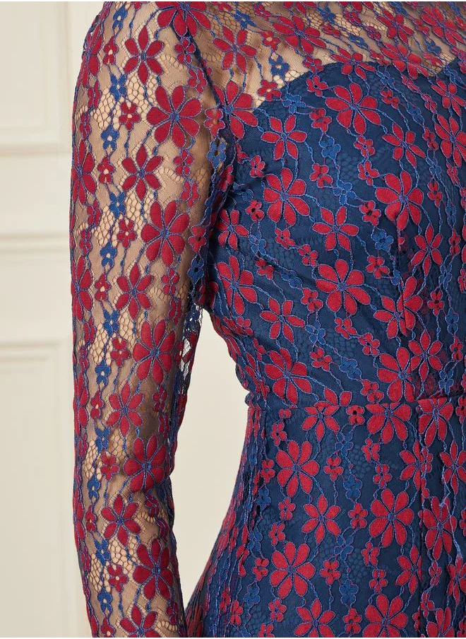 Styli Embroidered Floral Lace Insert Maxi Dress