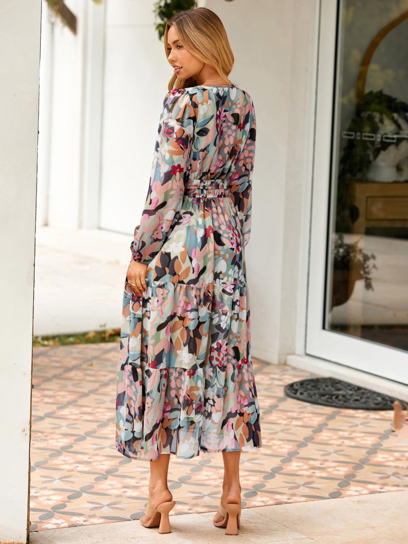 Simplee Women's Floral Boho Long Sleeve Maxi Dress V Neck Empire Waist Swing Flowy Wedding Guest Dress Light Green Floral L - Image 5