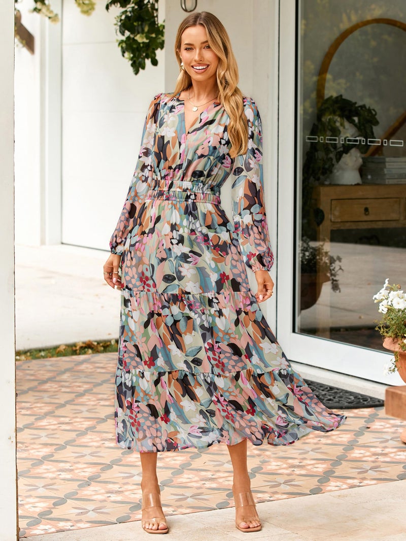 Simplee Women's Floral Boho Long Sleeve Maxi Dress V Neck Empire Waist Swing Flowy Wedding Guest Dress Light Green Floral L - Image 4